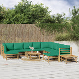 12 Piece Garden Lounge Set with Green Cushions Bamboo
