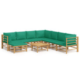 9 Piece Garden Lounge Set with Green Cushions  Bamboo - Front View