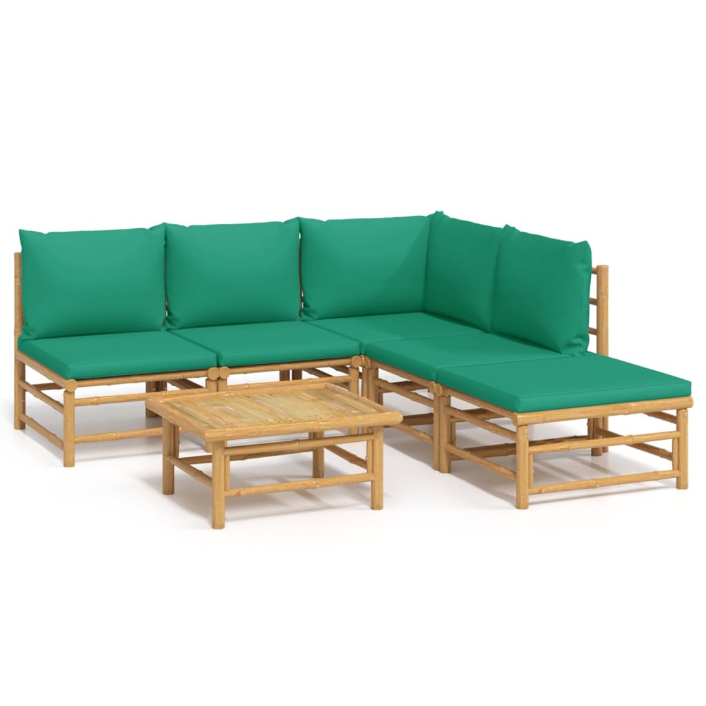 6 Piece Garden Lounge Set with Green Cushions Bamboo