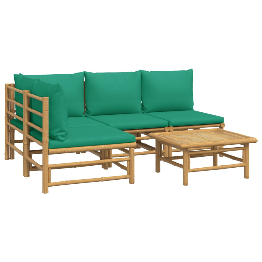 5 Piece Garden Lounge Set with Green Cushions Bamboo