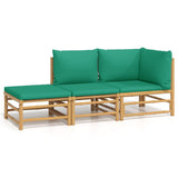 3 Piece Garden Lounge Set with Green Cushions  Bamboo - Front View