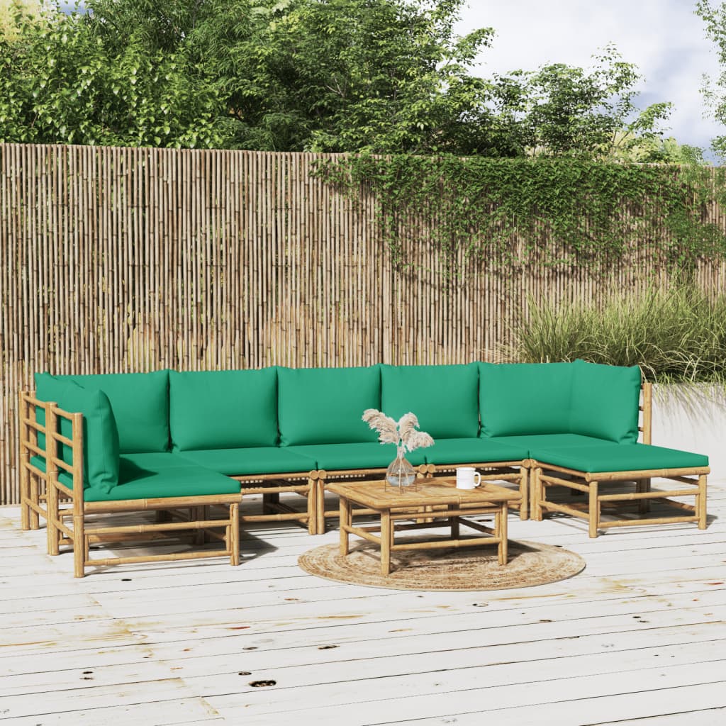 8 Piece Garden Lounge Set with Green Cushions Bamboo