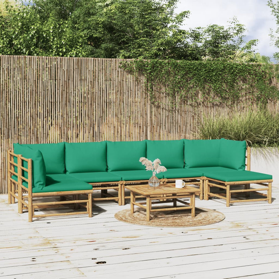 8 Piece Garden Lounge Set with Green Cushions Bamboo