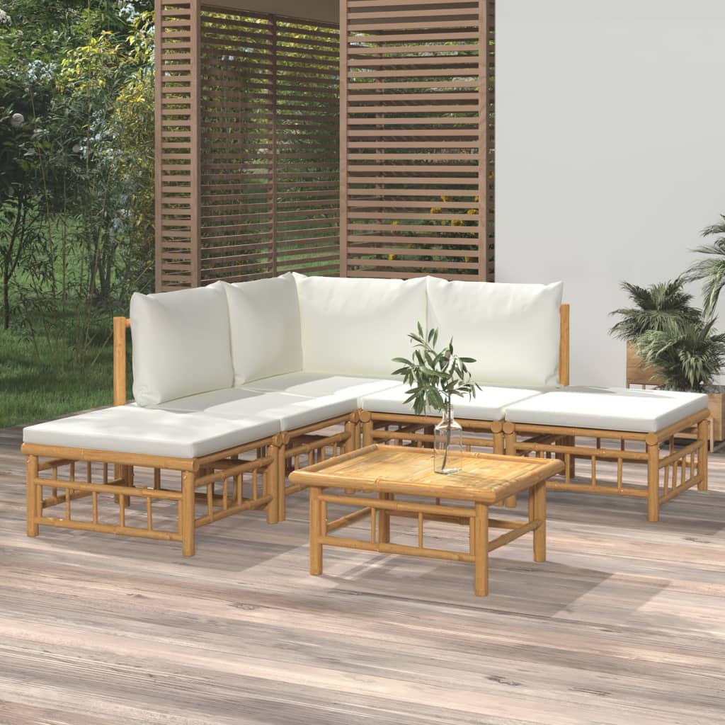 6 Piece Garden Lounge Set with Cream White Cushions Bamboo