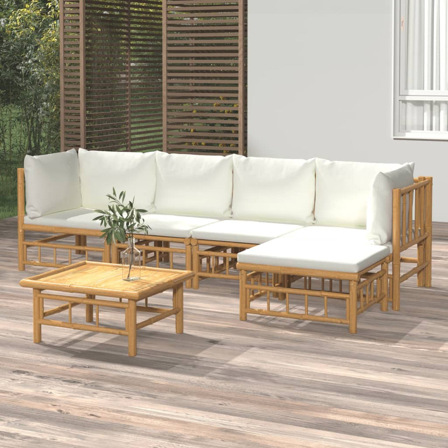 6 Piece Garden Lounge Set with Cream White Cushions Bamboo