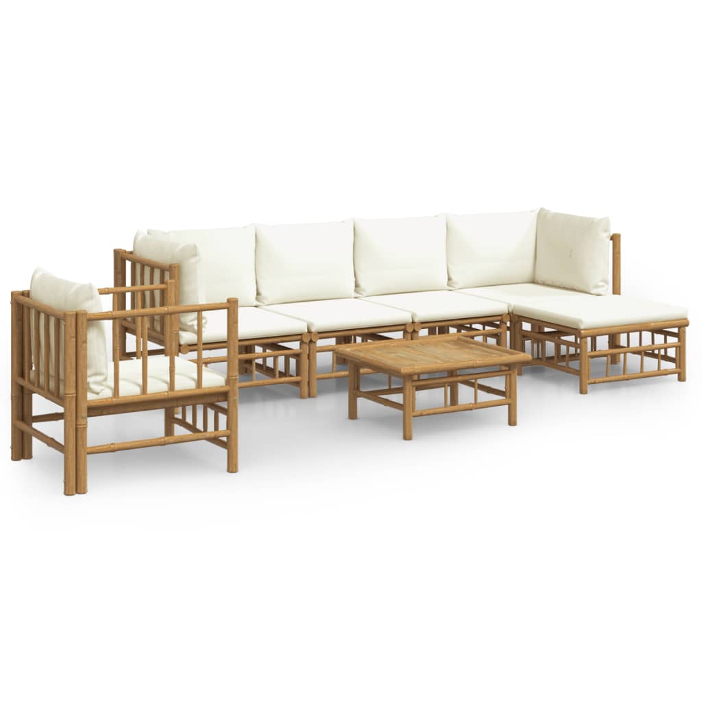 7 Piece Garden Lounge Set with Cream White Cushions Bamboo