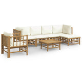 7 Piece Garden Lounge Set with Cream White Cushions  Bamboo - Front View