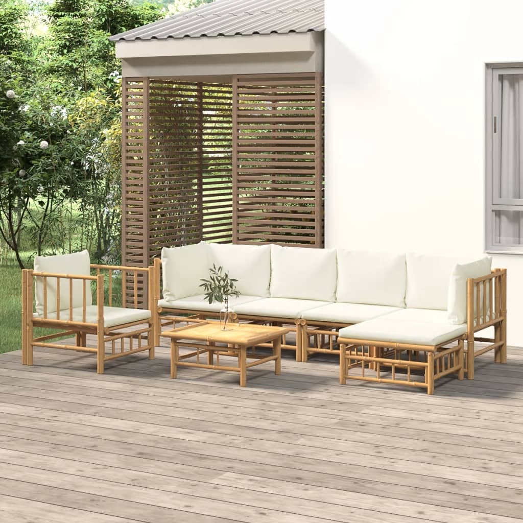 7 Piece Garden Lounge Set with Cream White Cushions Bamboo