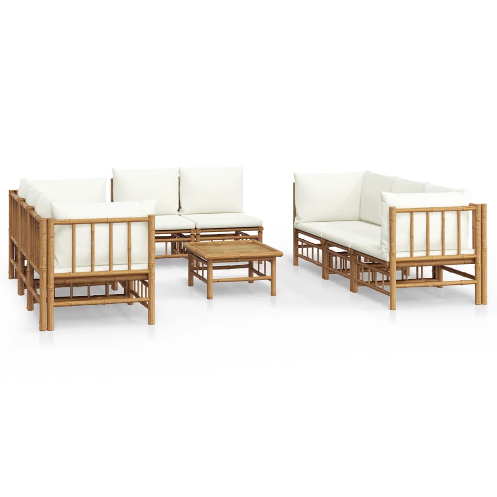 9 Piece Garden Lounge Set with Cream White Cushions Bamboo