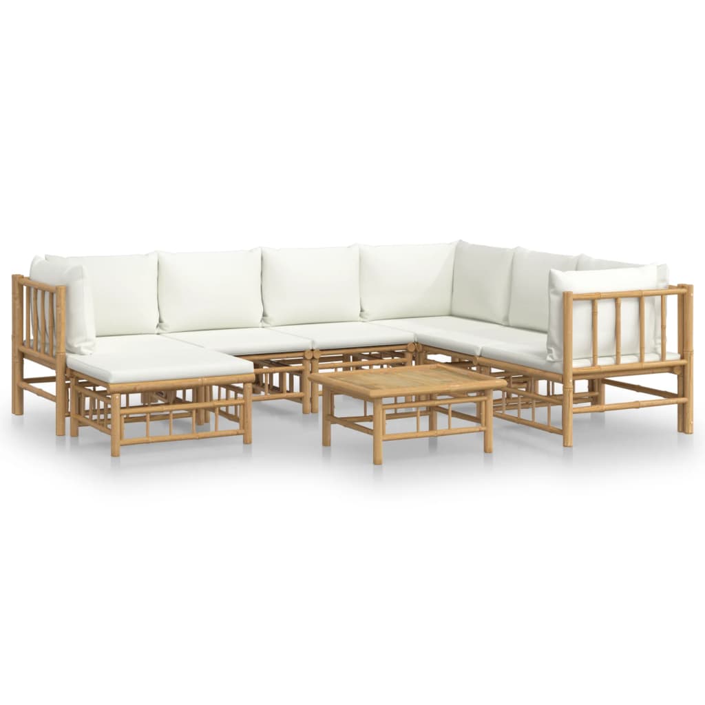 8 Piece Garden Lounge Set with Cream White Cushions Bamboo