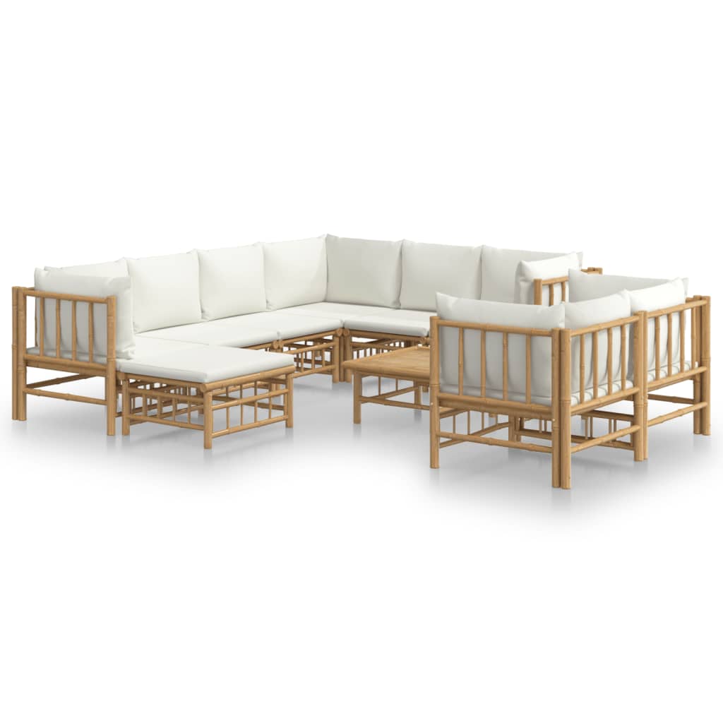 10 Piece Garden Lounge Set with Cream White Cushions Bamboo