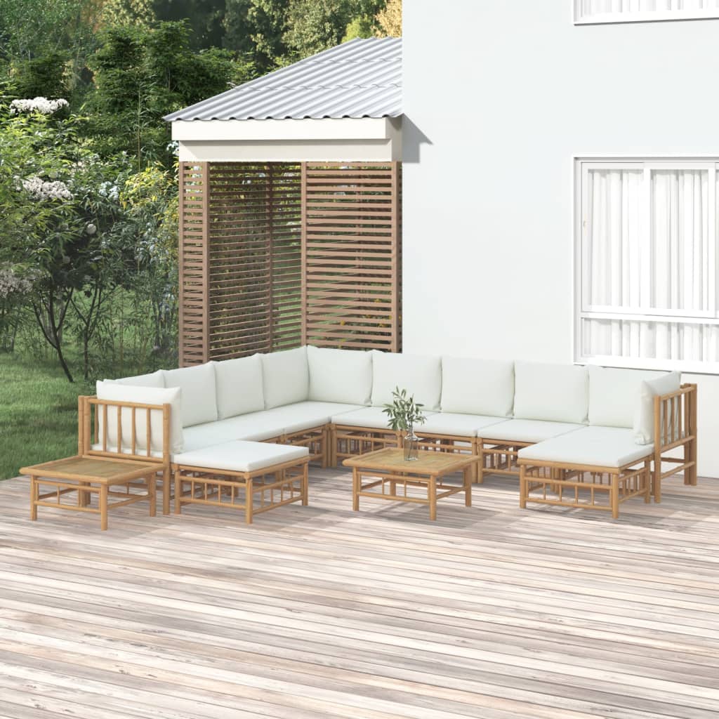 12 Piece Garden Lounge Set with Cream White Cushions Bamboo