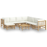 9 Piece Garden Lounge Set with Cream White Cushions Bamboo - Front View