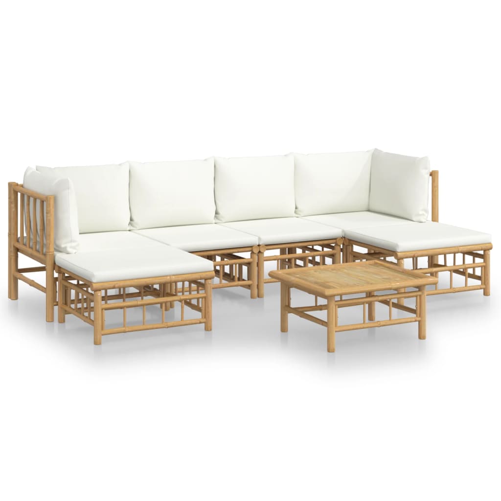 7 Piece Garden Lounge Set with Cream White Cushions Bamboo
