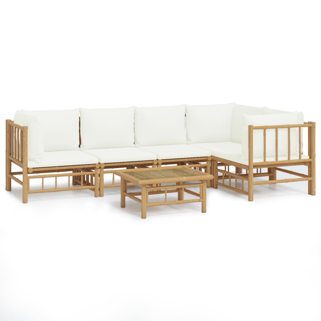 6 Piece Garden Lounge Set with Cream White Cushions Bamboo