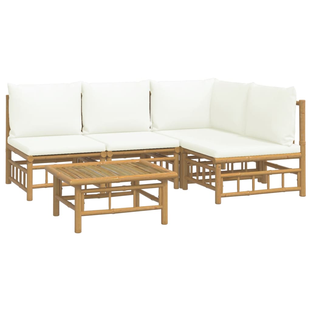 5 Piece Garden Lounge Set with Cream White Cushions Bamboo