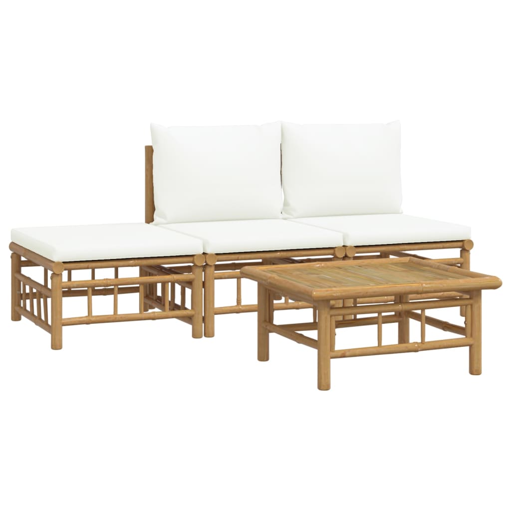 4 Piece Garden Lounge Set with Cream White Cushions Bamboo