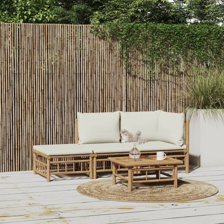 3 Piece Garden Lounge Set with Cream White Cushions Bamboo