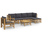 7 Piece Garden Lounge Set with Dark Grey Cushions  Bamboo - Front View