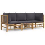 3 Piece Garden Lounge Set with Dark Grey Cushions  Bamboo - Front View