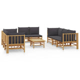 9 Piece Garden Lounge Set with Dark Grey Cushions  Bamboo - Front View