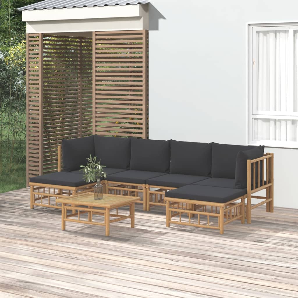 7 Piece Garden Lounge Set with Dark Grey Cushions Bamboo