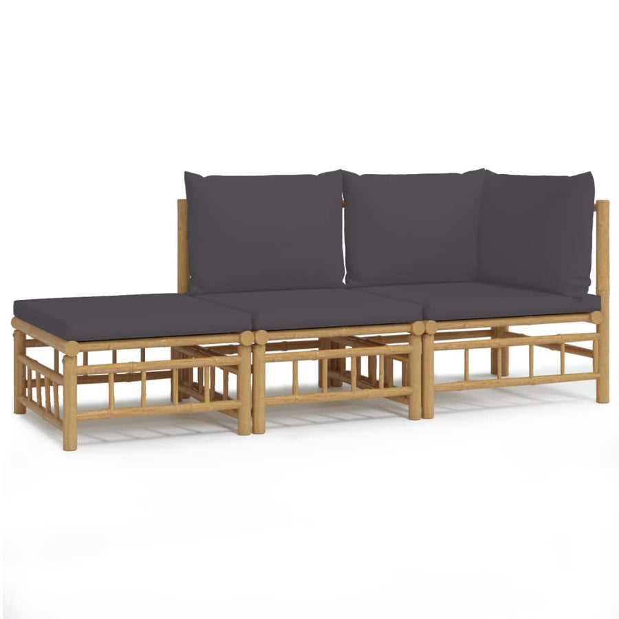 3 Piece Garden Lounge Set with Dark Grey Cushions Bamboo