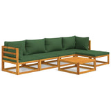 6 Piece Garden Lounge Set with Green Cushions Solid Wood - Front View