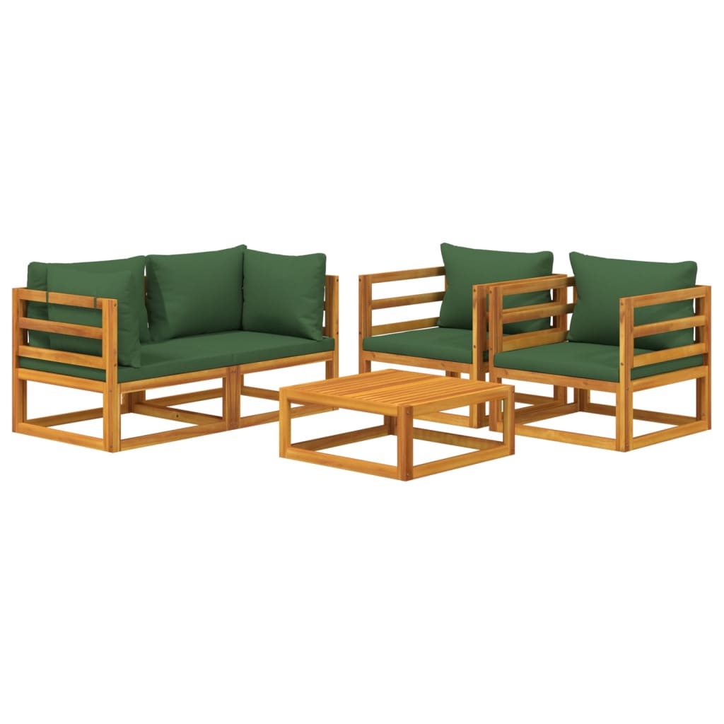 5 Piece Garden Lounge Set with Green Cushions Solid Wood