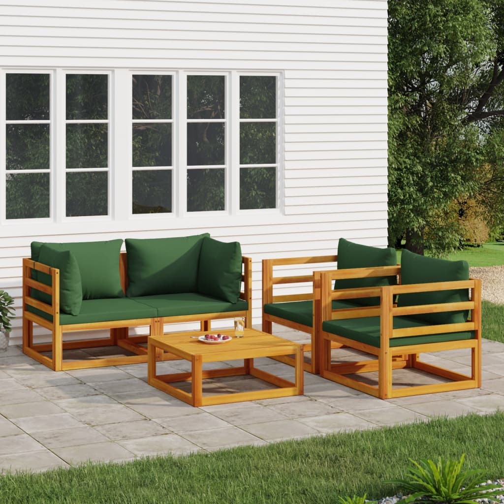 5 Piece Garden Lounge Set with Green Cushions Solid Wood