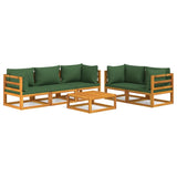 6 Piece Garden Lounge Set with Green Cushions Solid Wood - Front View