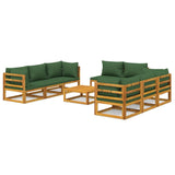 9 Piece Garden Lounge Set with Green Cushions Solid Wood - Front View