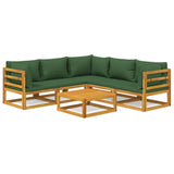 6 Piece Garden Lounge Set with Green Cushions Solid Wood - Front View