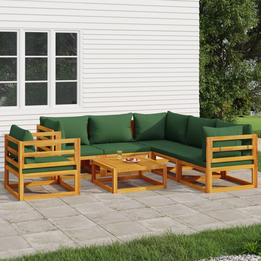 7 Piece Garden Lounge Set with Green Cushions Solid Wood