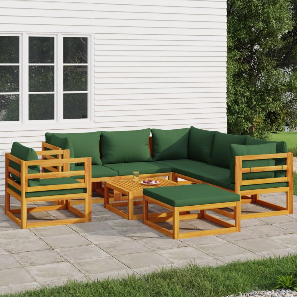 8 Piece Garden Lounge Set with Green Cushions Solid Wood