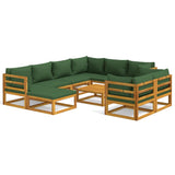 10 Piece Garden Lounge Set with Green Cushions Solid Wood - Front View