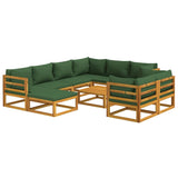 10 Piece Garden Lounge Set with Green Cushions Solid Wood - Side View