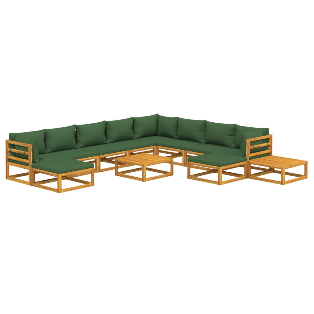 12 Piece Garden Lounge Set with Green Cushions Solid Wood