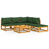 6 Piece Garden Lounge Set with Green Cushions Solid Wood - Front View