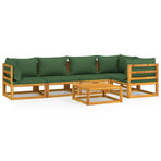 6 Piece Garden Lounge Set with Green Cushions Solid Wood