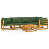 6 Piece Garden Lounge Set with Green Cushions Solid Wood - Front View