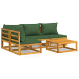 5 Piece Garden Lounge Set with Green Cushions Solid Wood - Front View