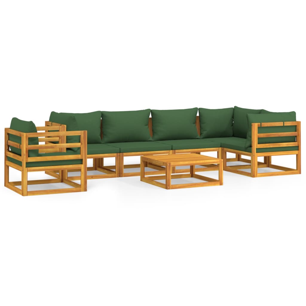 7 Piece Garden Lounge Set with Green Cushions Solid Wood
