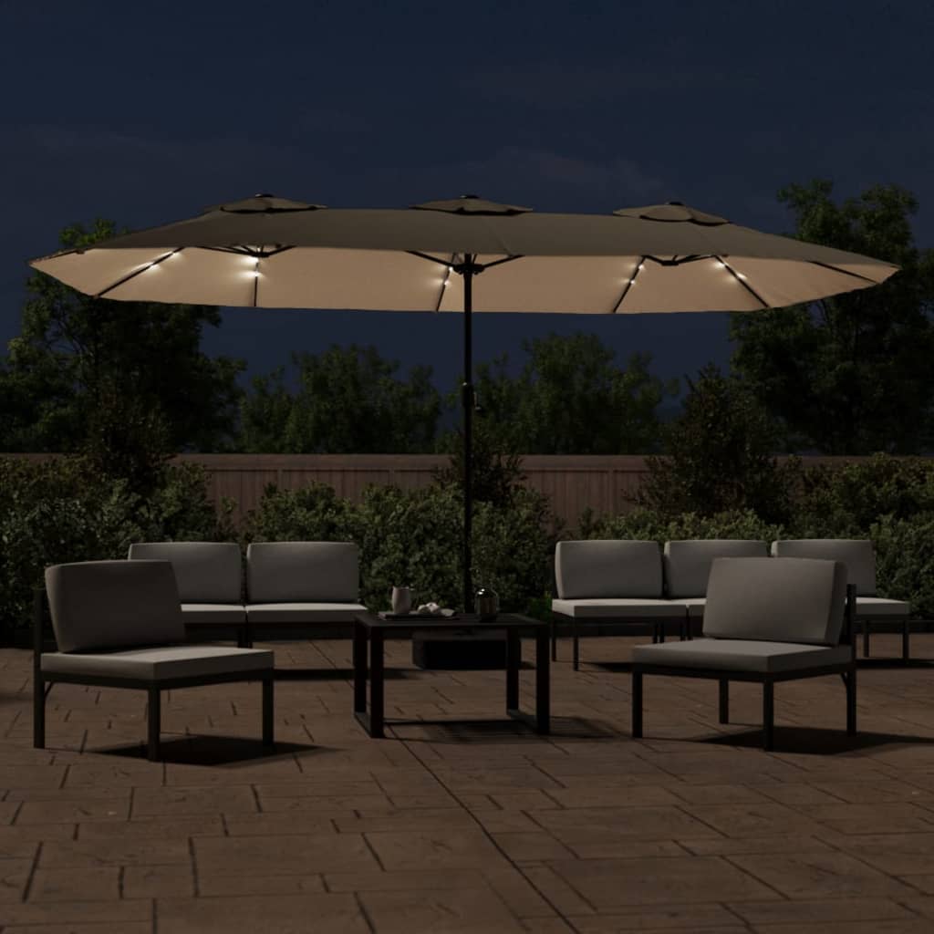 Double-Head Garden Parasol with LEDs Taupe 449x265 cm