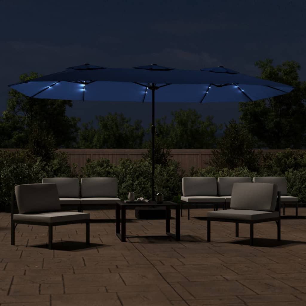 Double-Head Garden Parasol with LEDs Azure Blue 449x265 cm