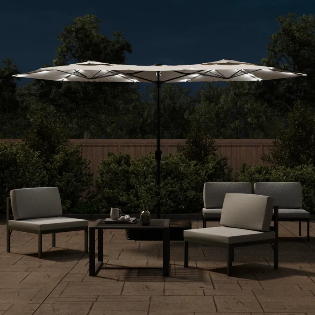 Double-Head Garden Parasol with LEDs Sand White 316x145 cm