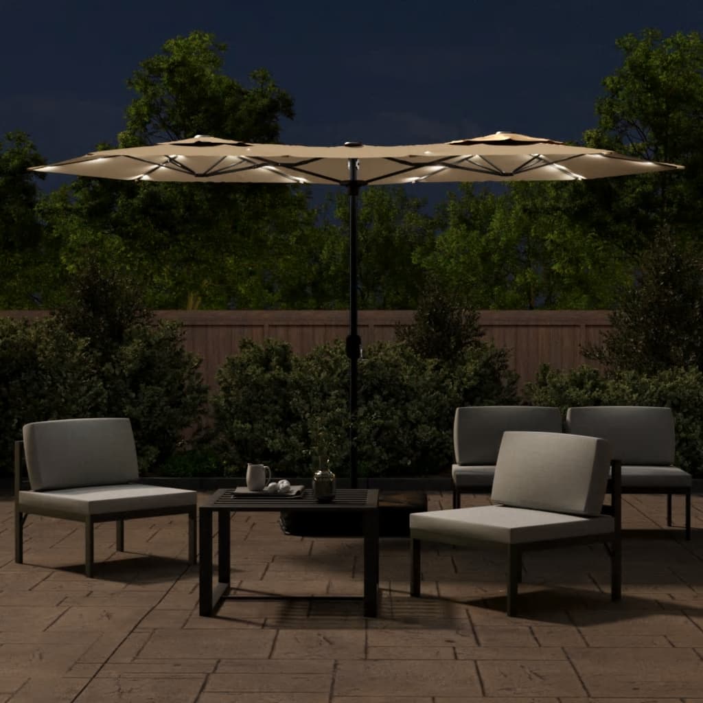 Double-Head Garden Parasol with LEDs Taupe 316x145 cm