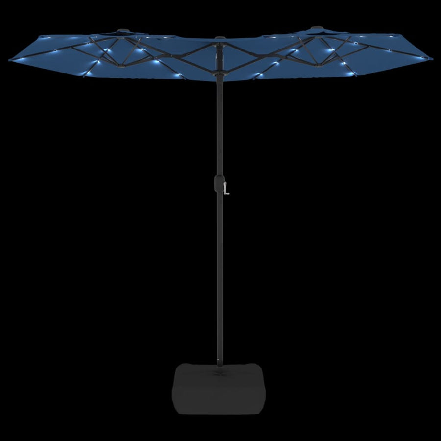 Double-Head Garden Parasol with LEDs Azure Blue 316x145 cm