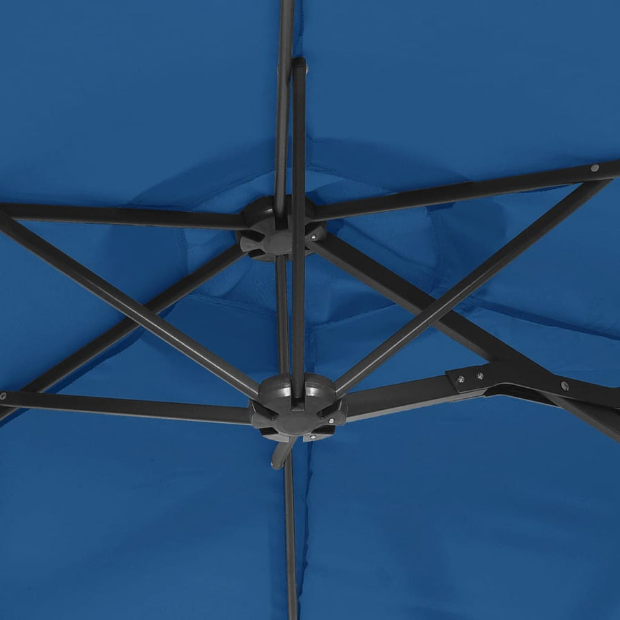 Double-Head Garden Parasol with LEDs Azure Blue 316x145 cm