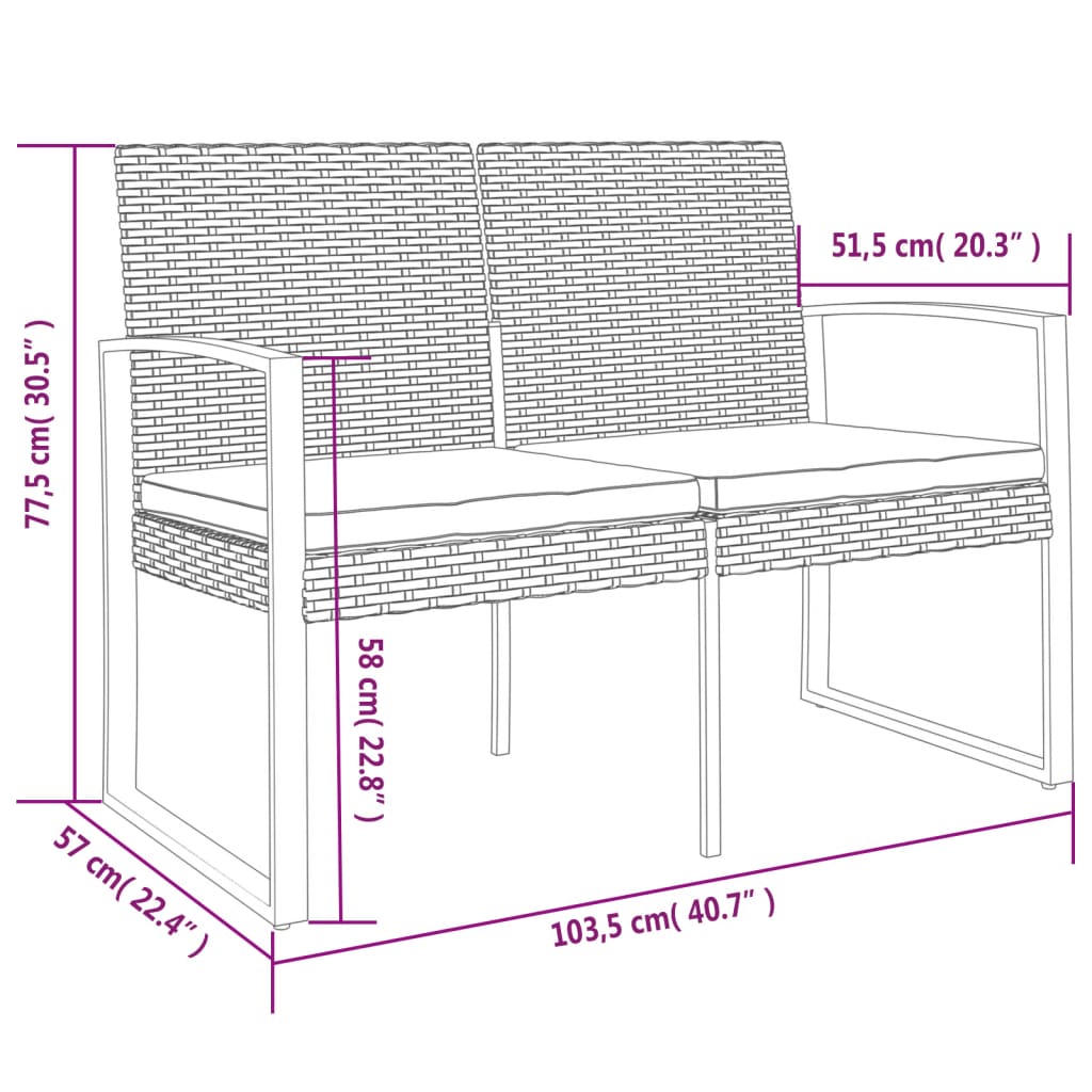 2-Seater Garden Bench with Cushions Brown PP Rattan